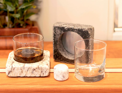 Aluminum Lined Granite Coasters (2) with 2 Glass Tumblers and 2 On The Rocks Round Stones (Sea Stones) OL