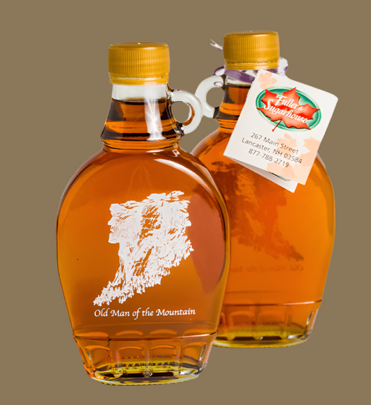 Pure NH Maple Syrup painted NH's iconic Old Man of the Mountain glass bottle 8.45 oz. (Fuller's Sugarhouse) OL