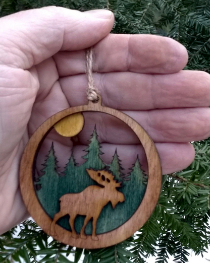 NH Moonlit Moose Wood Ornament (Of Moose and Mountain) OL