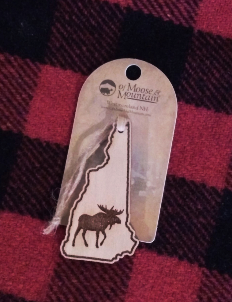 NH Outline with Moose Wood ornament (Of Moose and Mountain) OL