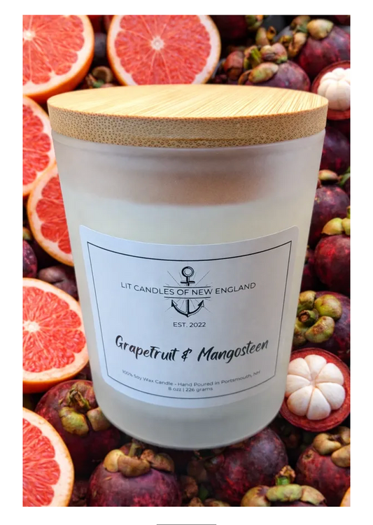 Hand Poured Grapefruit & Mangosteen 8 oz. soy, clean burn candle (LIT Candles of New England) OL
